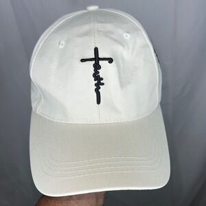 Faith Cross Embroidered Baseball Cap Off White Cream Adjustable Dad Hat Mens